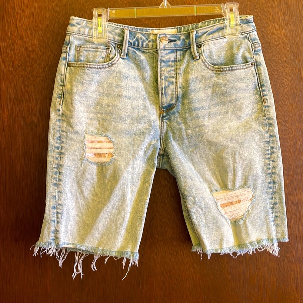 Driftwood Jill Distressed Bandana Patch Button Fly Bermuda Shorts